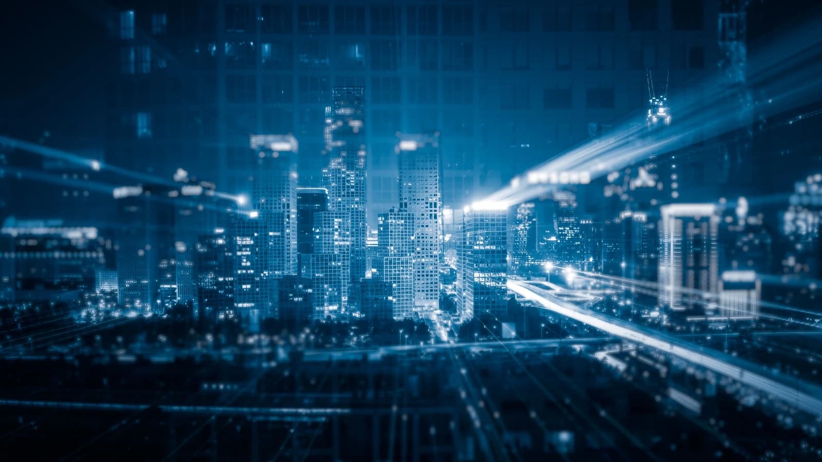 Digital city light trails representing connected communication infrastructure